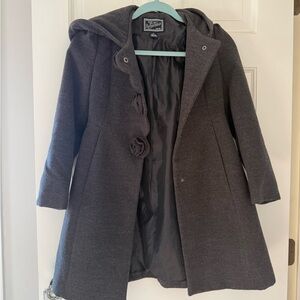 Gray Rothschild Hooded Girls' Wool-like Coat with Rosette Buttons